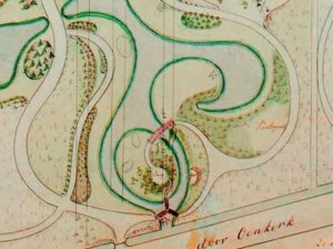 Berg en grot, uitsnede tekening Roodbaard, Stania State (Friesland, Oenkerk) [bron: Fries Museum PTA286-024]