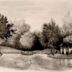 vijver met gebouw Armoede en Rijkdom, O.J. Schelfsma B.L.W. Mensing, Stania State (Friesland, Oenkerk) [bron: Fries Museum PTA286-019_01]